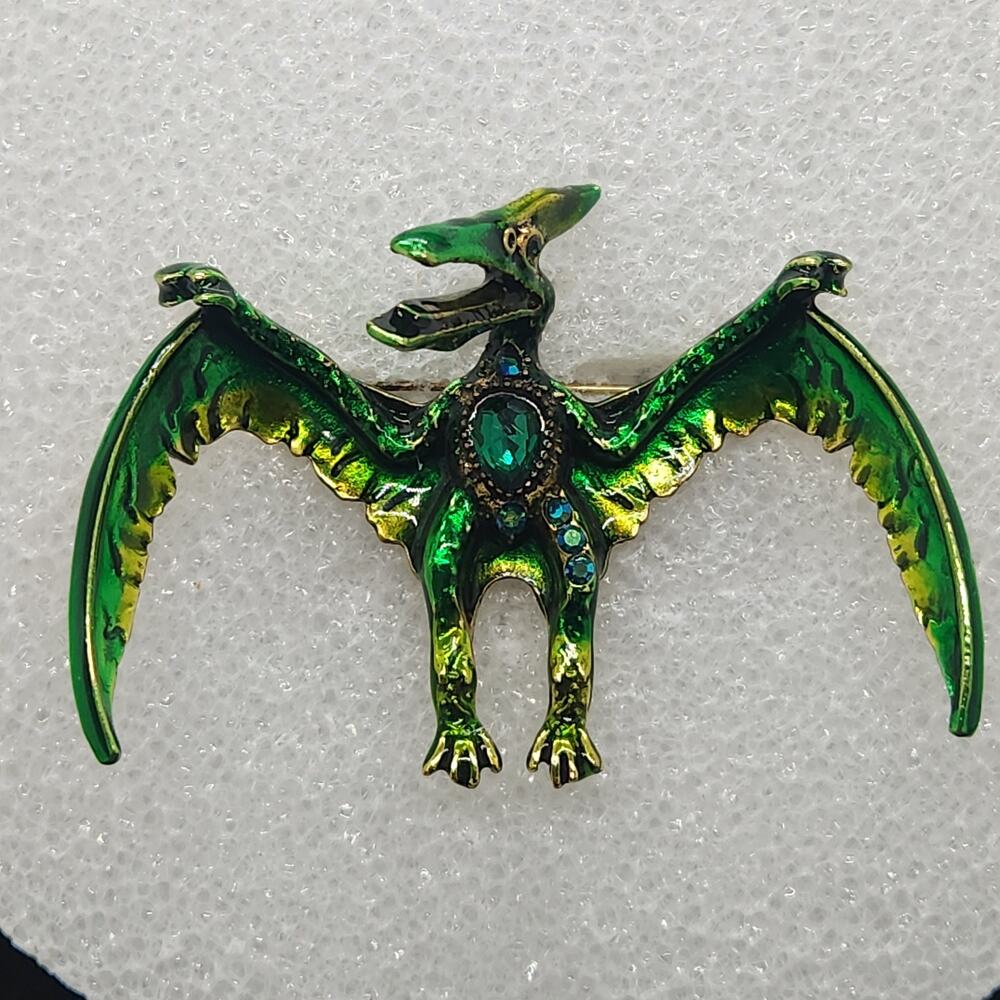 Pterosaur Brooch Extinct Flying Reptile Faux Jewel Rhinestone Enamel Green Color